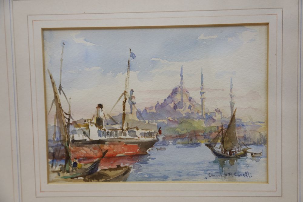 Conrad H. R. Carellli (Italian 1869-1956), watercolour, A view on the Bosphorus, signed, 12 x 17.5cm